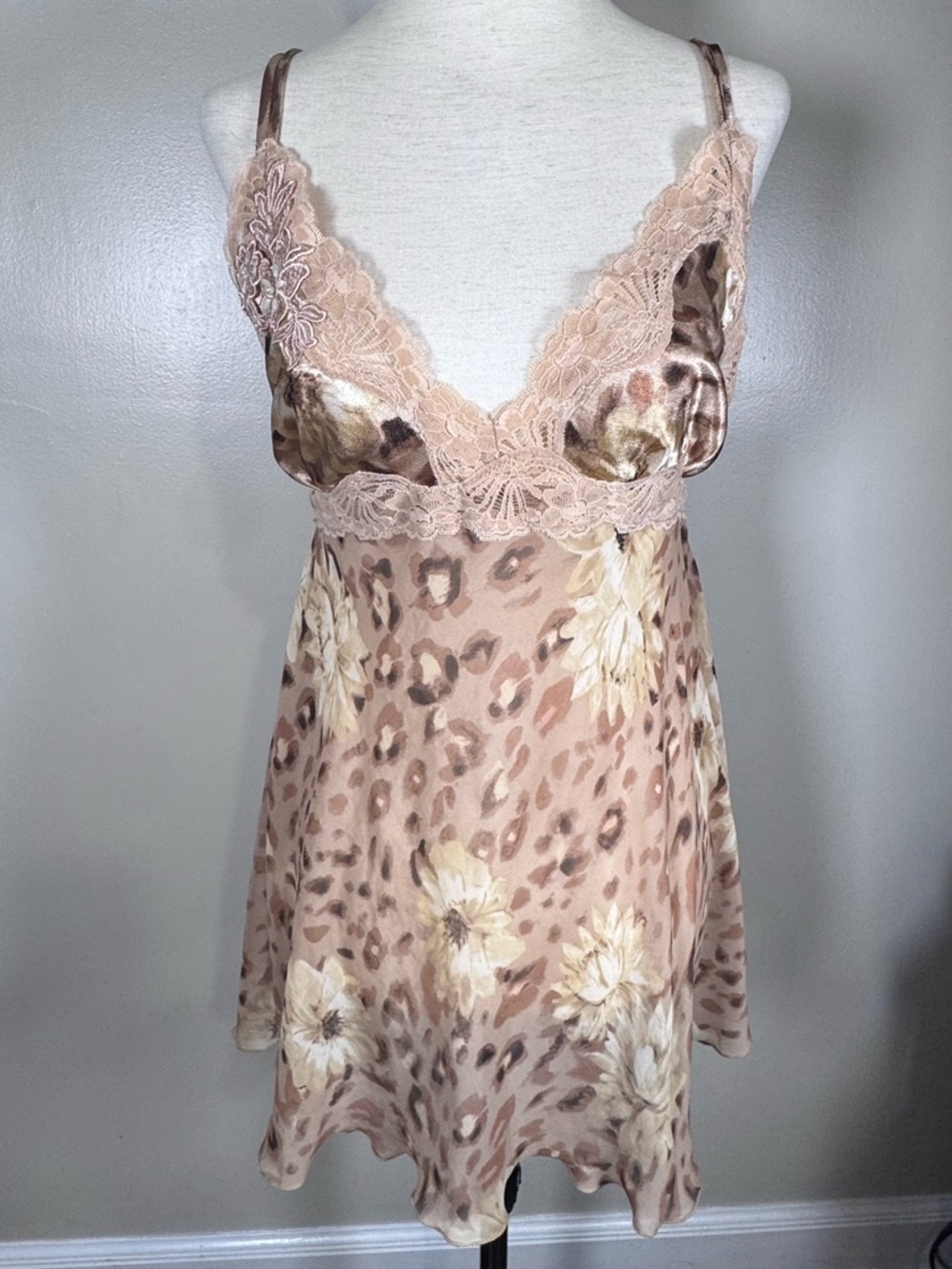 California Dynasty Sz M Leopard Print Satin Lace Beaded Y2K Chemise Lingerie Top